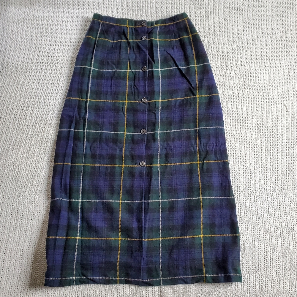 Vintage Jenners Size 10 Blue & Green Plaid Wool Midi Skirt